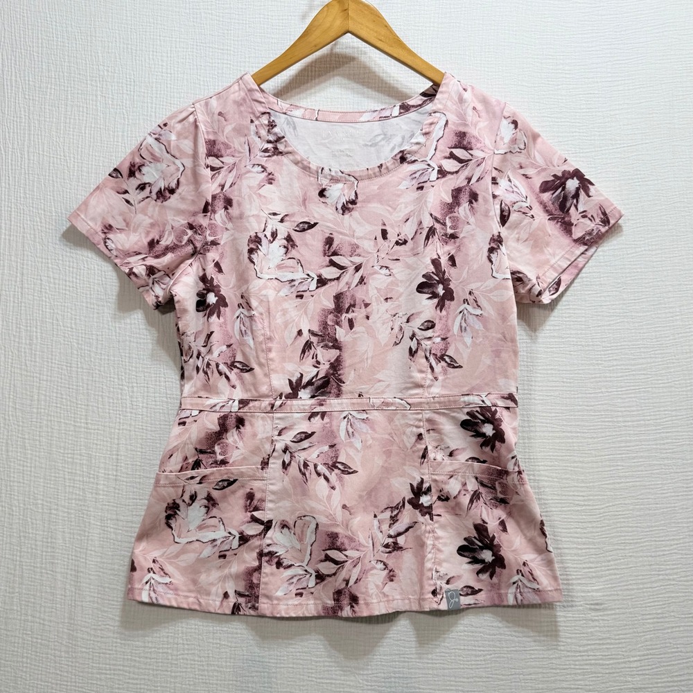 Jaanuu Scrub Top Womens M Pink Floral Side Zip Empire Waist Healthcare